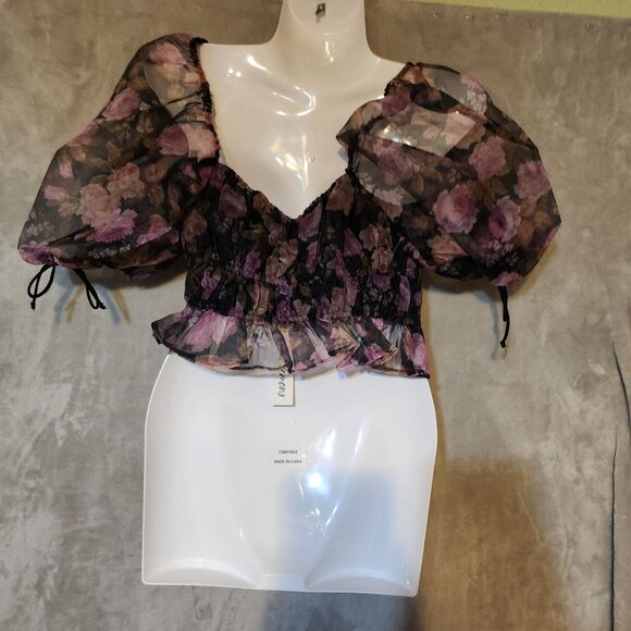For Love & Lemons Sunshine‎ Sheer Floral Puff Sleeve Crop Top Drawstring Detail - Picture 4 of 7